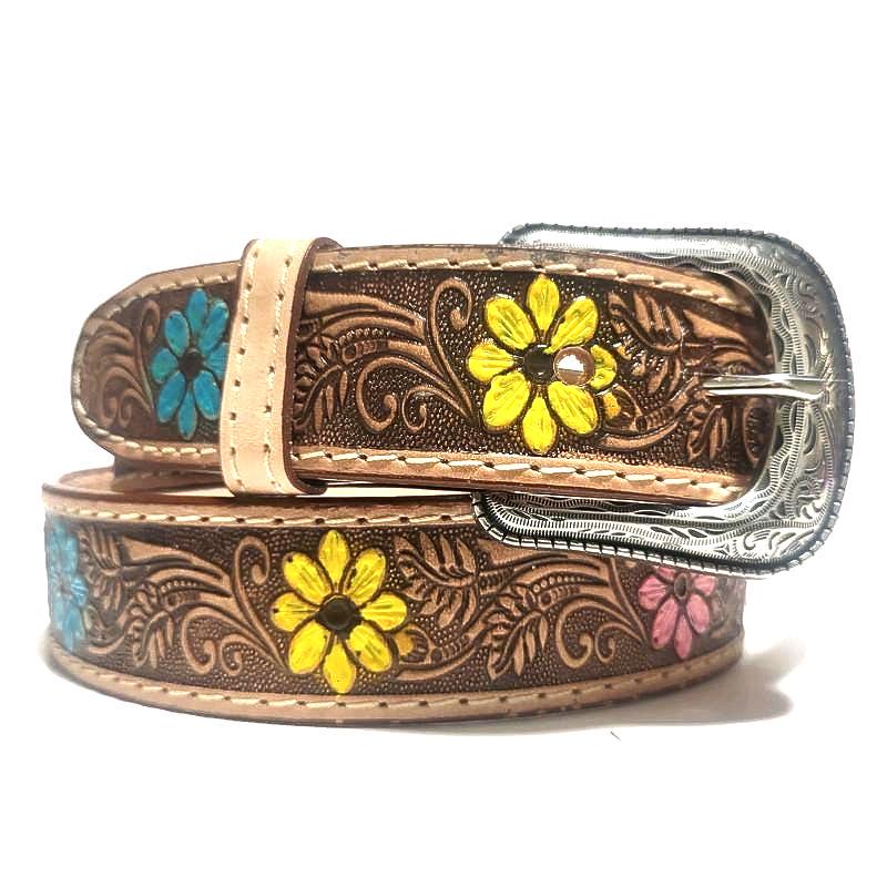 Brown Leather Belt for Women Floral Embossed, Boho Cowgirl Style, Personalized
