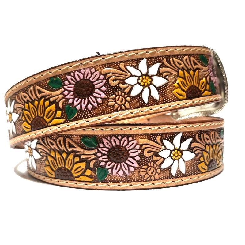 Sunflower Leather Bel for Women  Western Boho Floral Belt, Personalized