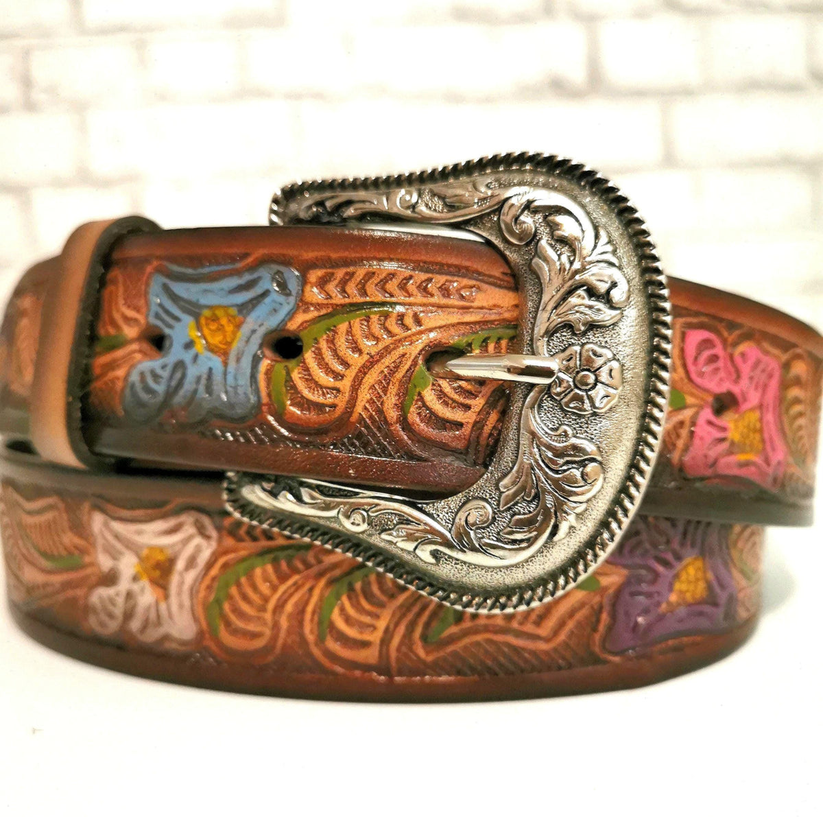 Leather belt for women, floral embossed