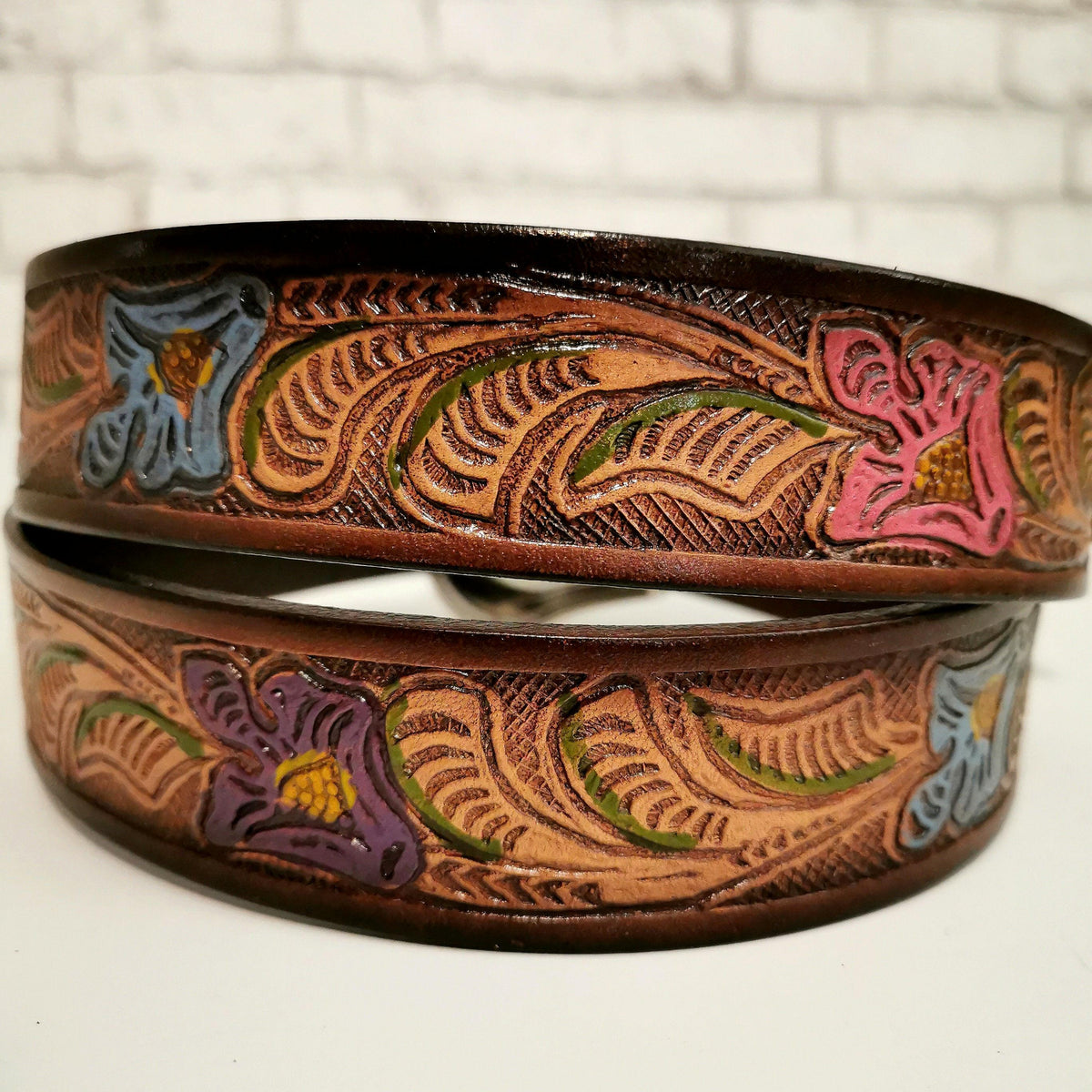 Brown Leather Belt for Women, Floral Embossed, Bohemian Boho Chic