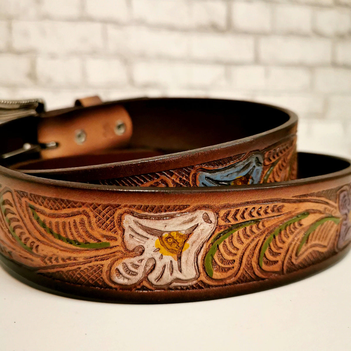 Brown Leather Belt for Women, Floral Embossed, Bohemian Boho Chic