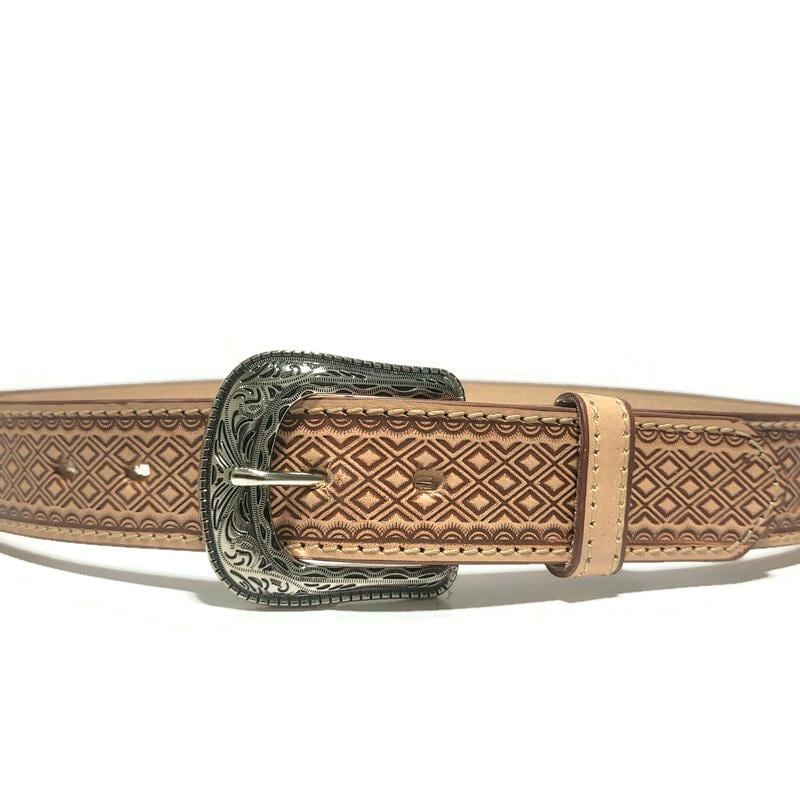 Brown Western Leather Cowboy Belt, Embossed  Rustic Rodeo Style,  Casual  for Jeans