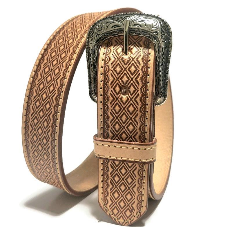 Brown Western Leather Cowboy Belt, Embossed  Rustic Rodeo Style,  Casual  for Jeans