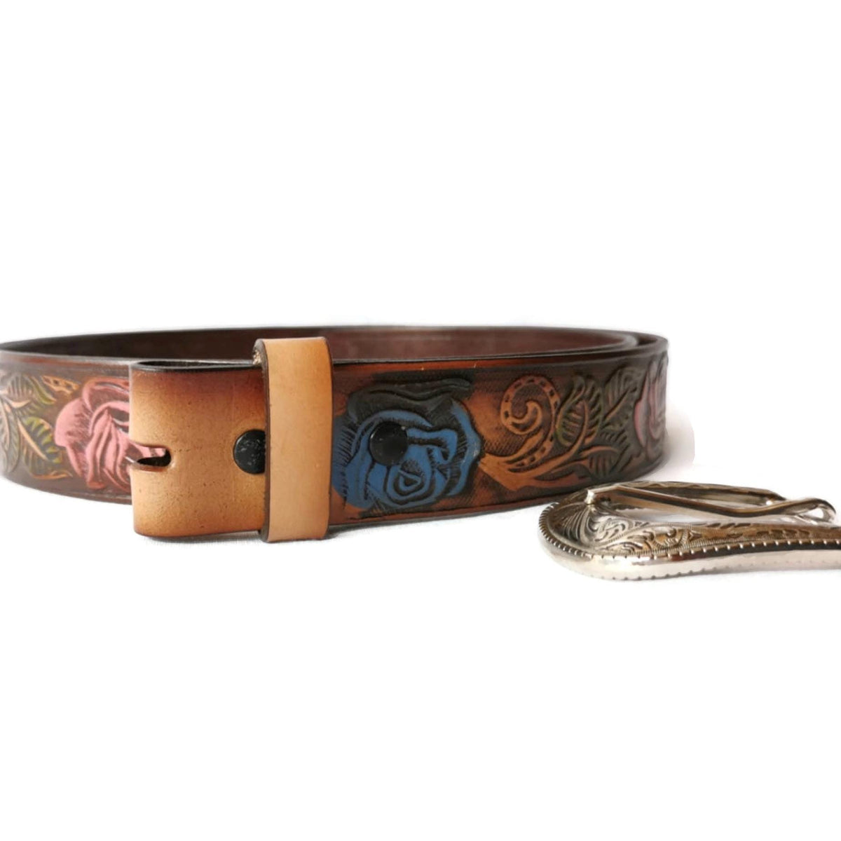 Personalized Brown Leather Belt For Women Roses Embossed, Boho Bohemian