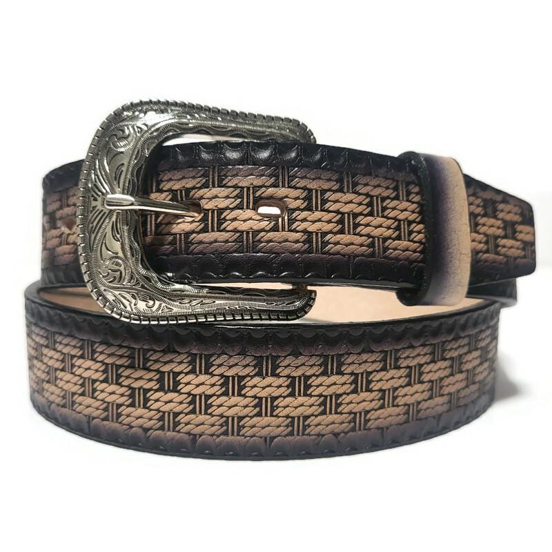 Personalized Black Western Leather Belt for Men, Embossed Cowhide, Snap Buckle