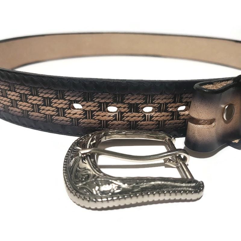 Personalized Black Western Leather Belt for Men, Embossed Cowhide, Snap Buckle