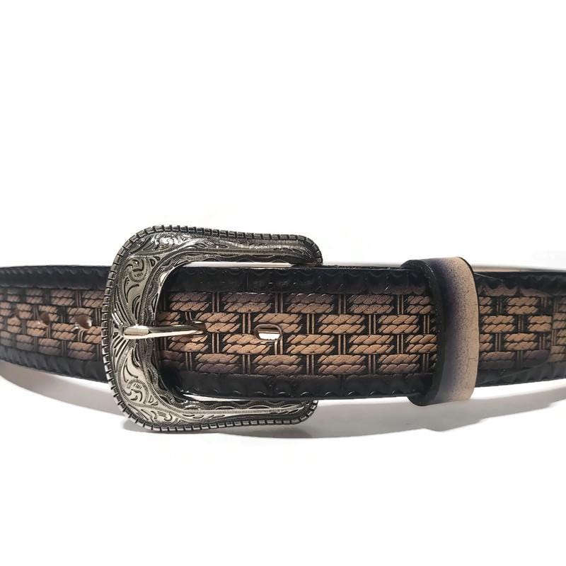 Personalized Black Western Leather Belt for Men, Embossed Cowhide, Snap Buckle