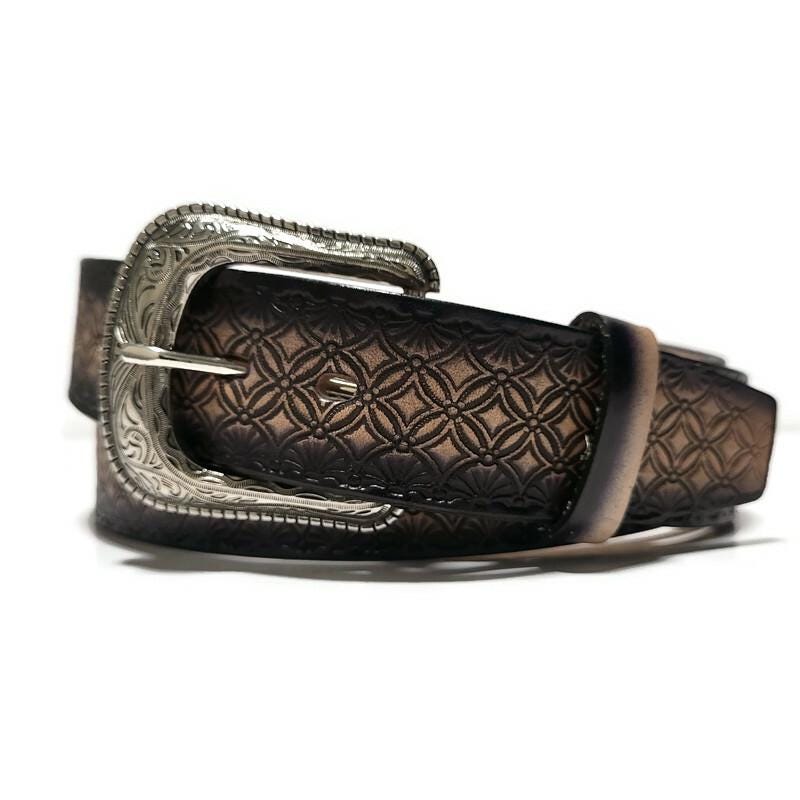 Rodeo Leather Belt for Men, Black, Embossed, Cowboy, Snap Buckle