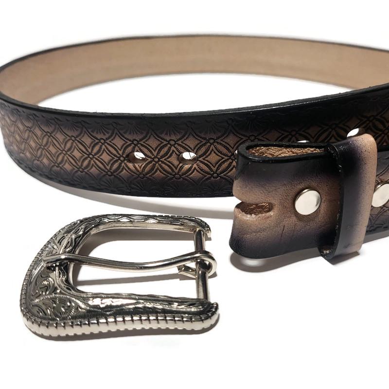 Rodeo Leather Belt for Men, Black, Embossed, Cowboy, Snap Buckle
