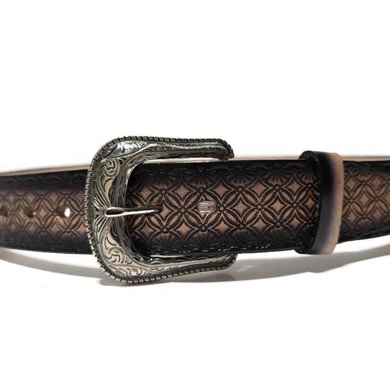 Rodeo Leather Belt for Men, Black, Embossed, Cowboy, Snap Buckle