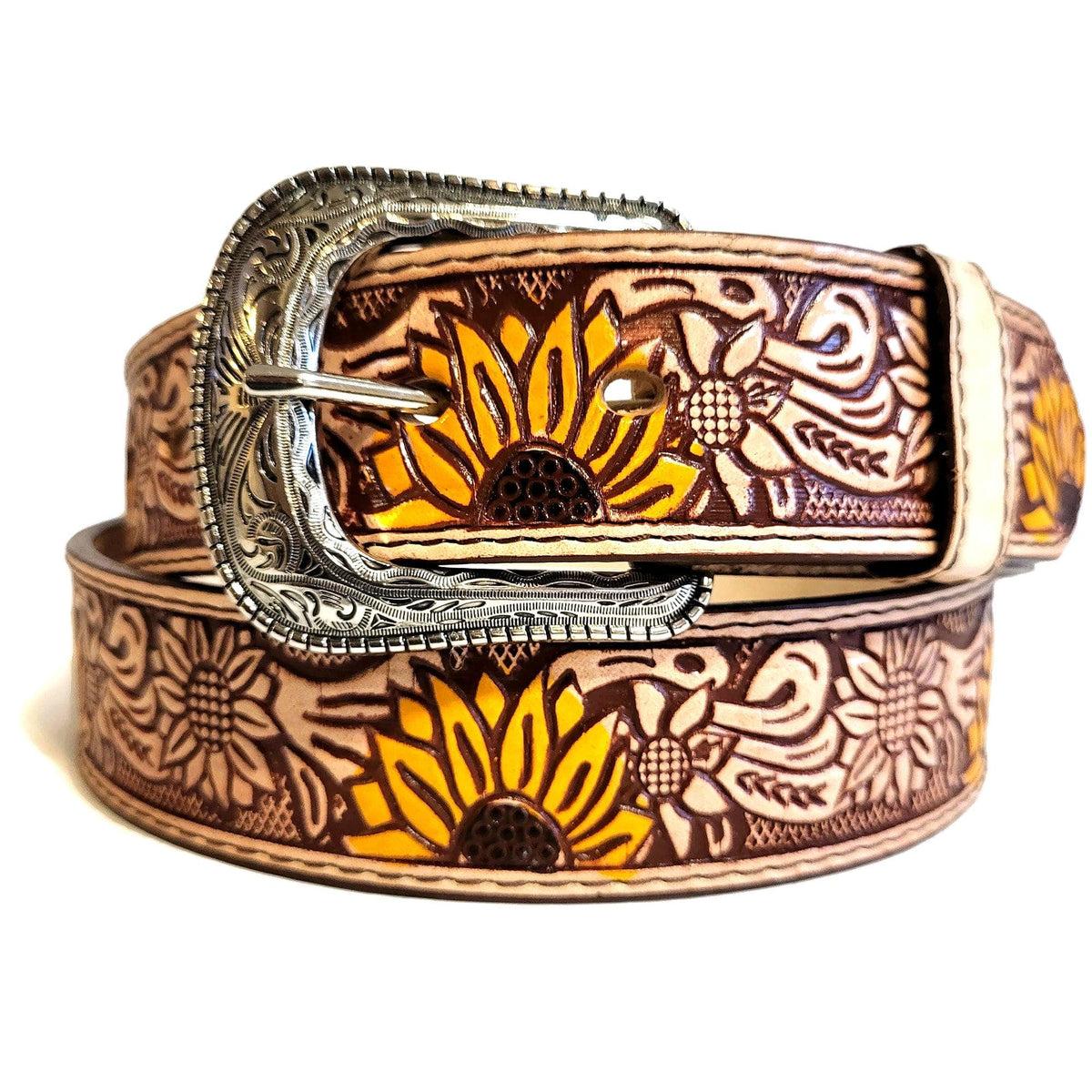 Sunflower Leather Belt for Women, Floral Embossed , Boho Chic