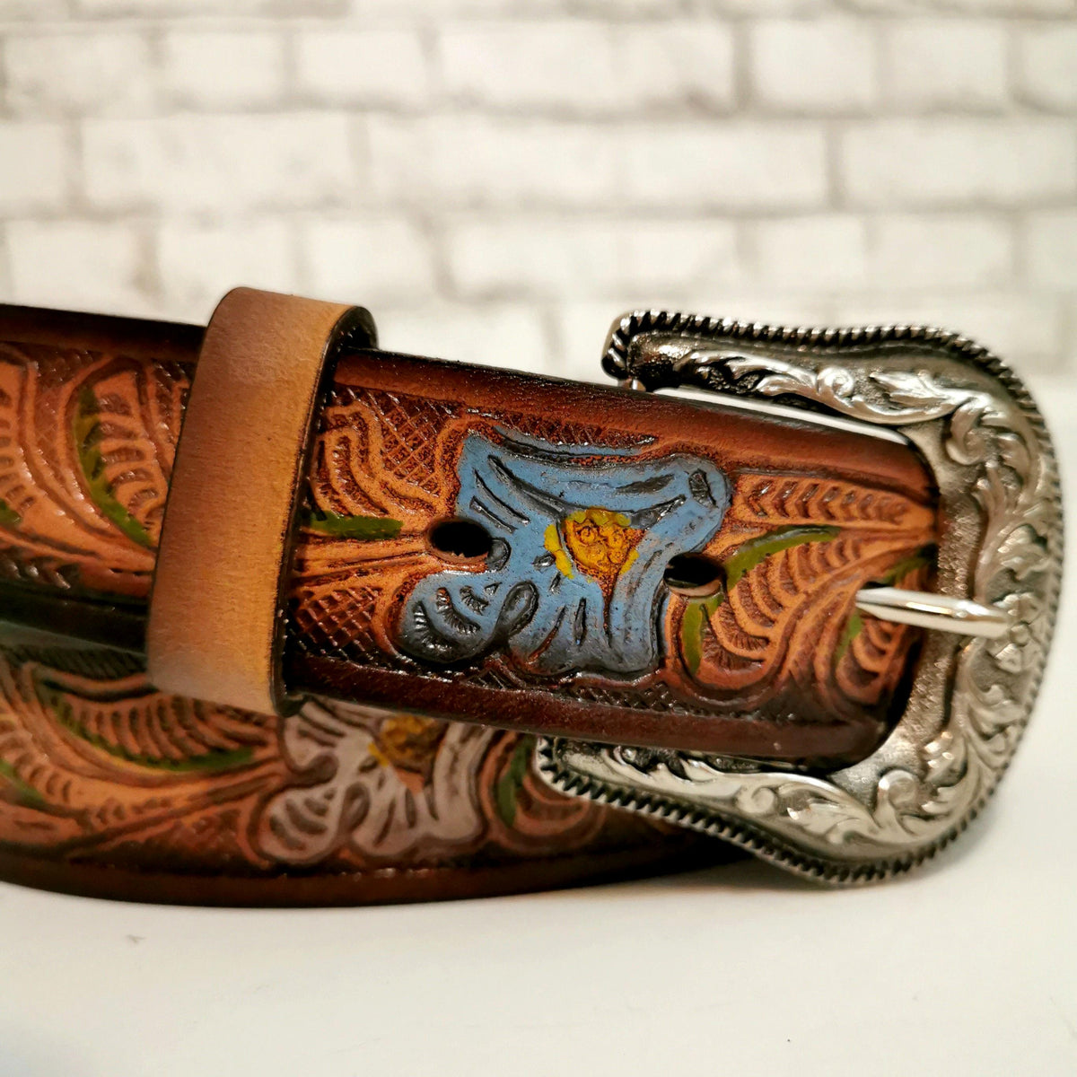 Brown Leather Belt for Women, Floral Embossed, Bohemian Boho Chic