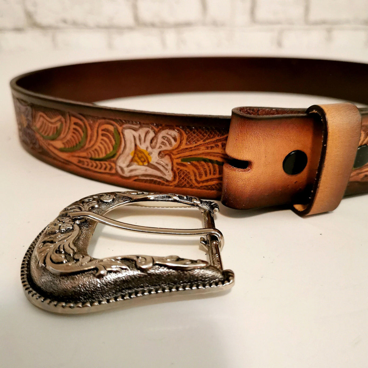 Brown Leather Belt for Women, Floral Embossed, Bohemian Boho Chic