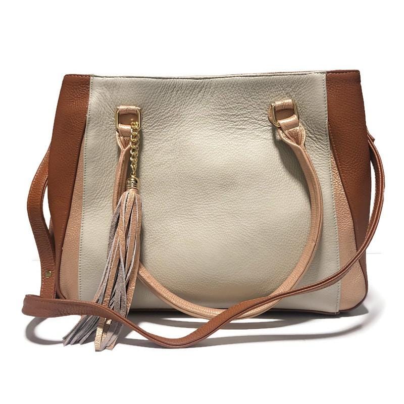 Handmade Leather Work Bag: Beige Zippered Shoulder Bag