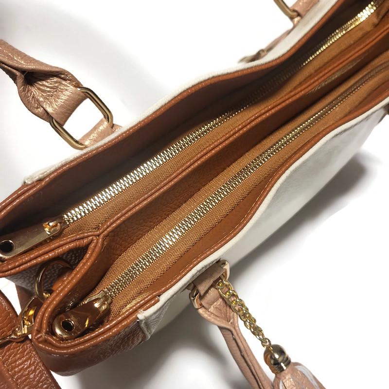 Handmade Leather Work Bag: Beige Zippered Shoulder Bag
