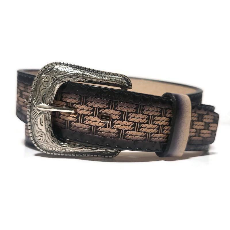 Personalized Black Western Leather Belt for Men, Embossed Cowhide, Snap Buckle