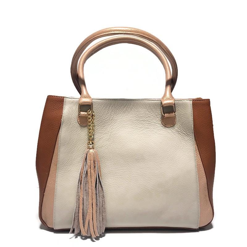 Handmade Leather Work Bag: Beige Zippered Shoulder Bag