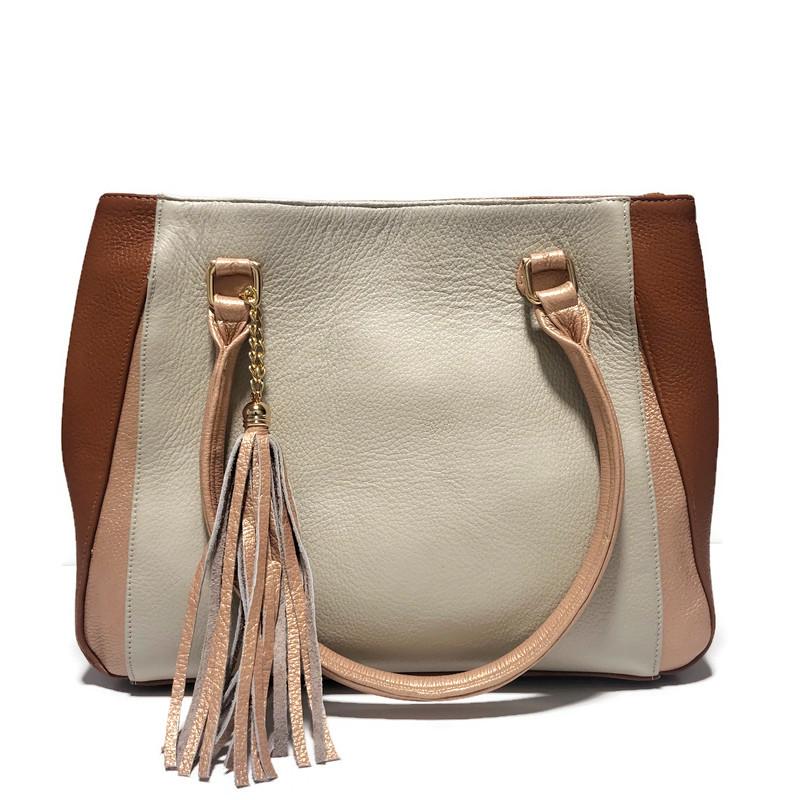 Handmade Leather Work Bag: Beige Zippered Shoulder Bag