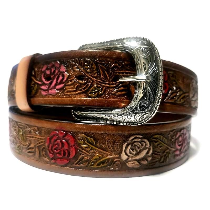 Brown Leather Belt for Women Embossed Roses, Western Bohol Style, Personalized