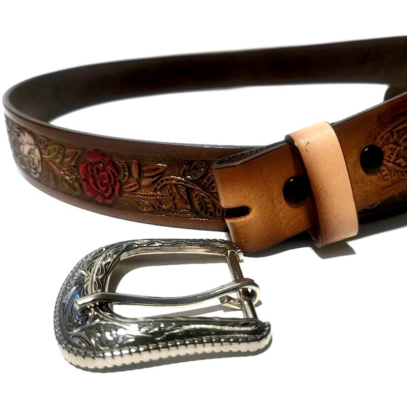 Brown Leather Belt for Women Embossed Roses, Western Bohol Style, Personalized