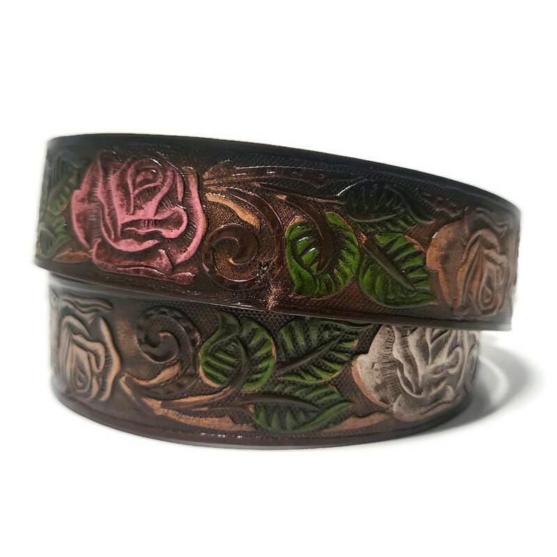 Personalized Brown Leather Belt For Women Roses Embossed, Boho Bohemian