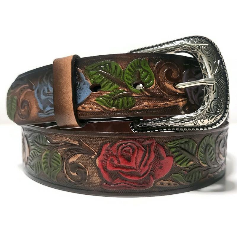 Personalized Brown Leather Belt For Women Roses Embossed, Boho Bohemian