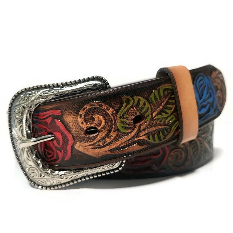 Personalized Brown Leather Belt For Women Roses Embossed, Boho Bohemian