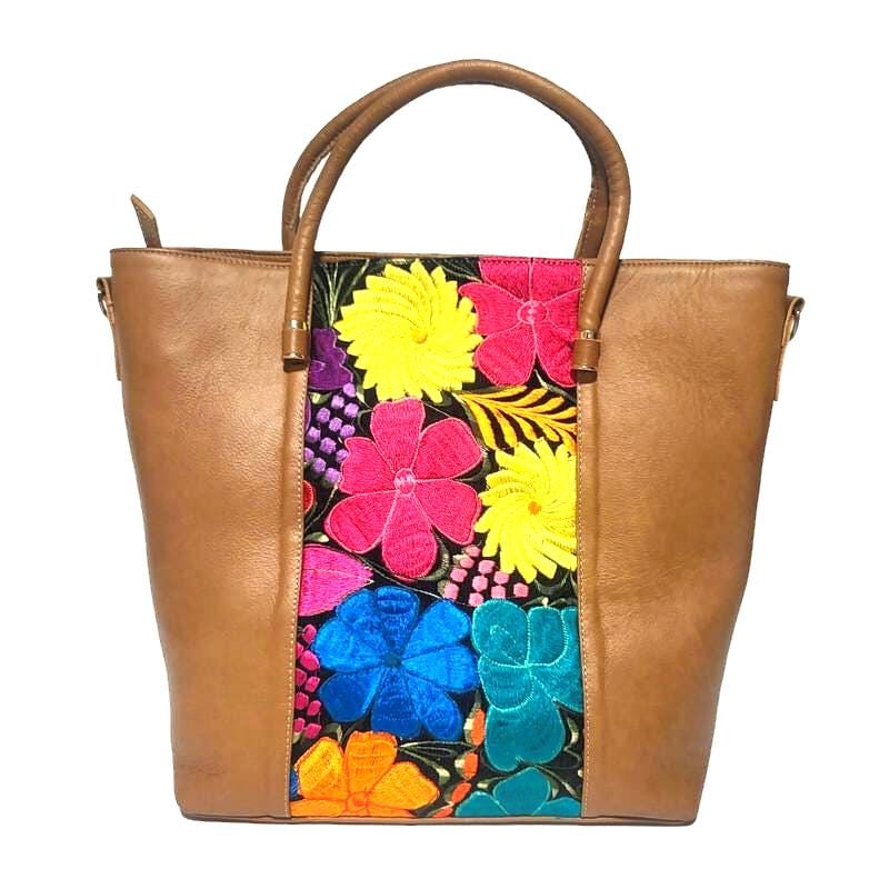 Handmade Leather Tote Bag: Bohemian Floral Embroidered Shoulder Bag