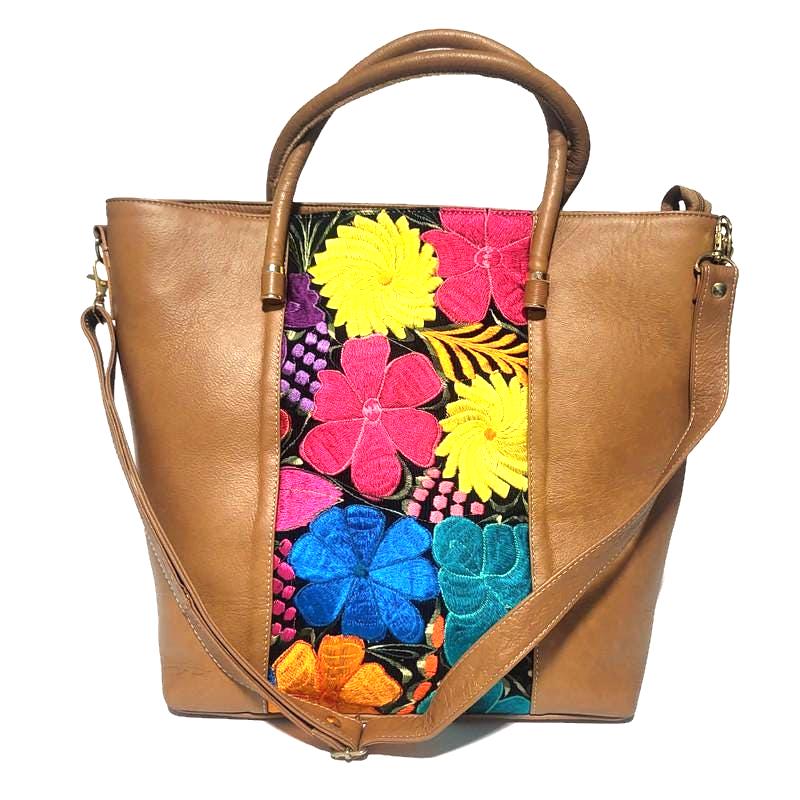 Handmade Leather Tote Bag: Bohemian Floral Embroidered Shoulder Bag