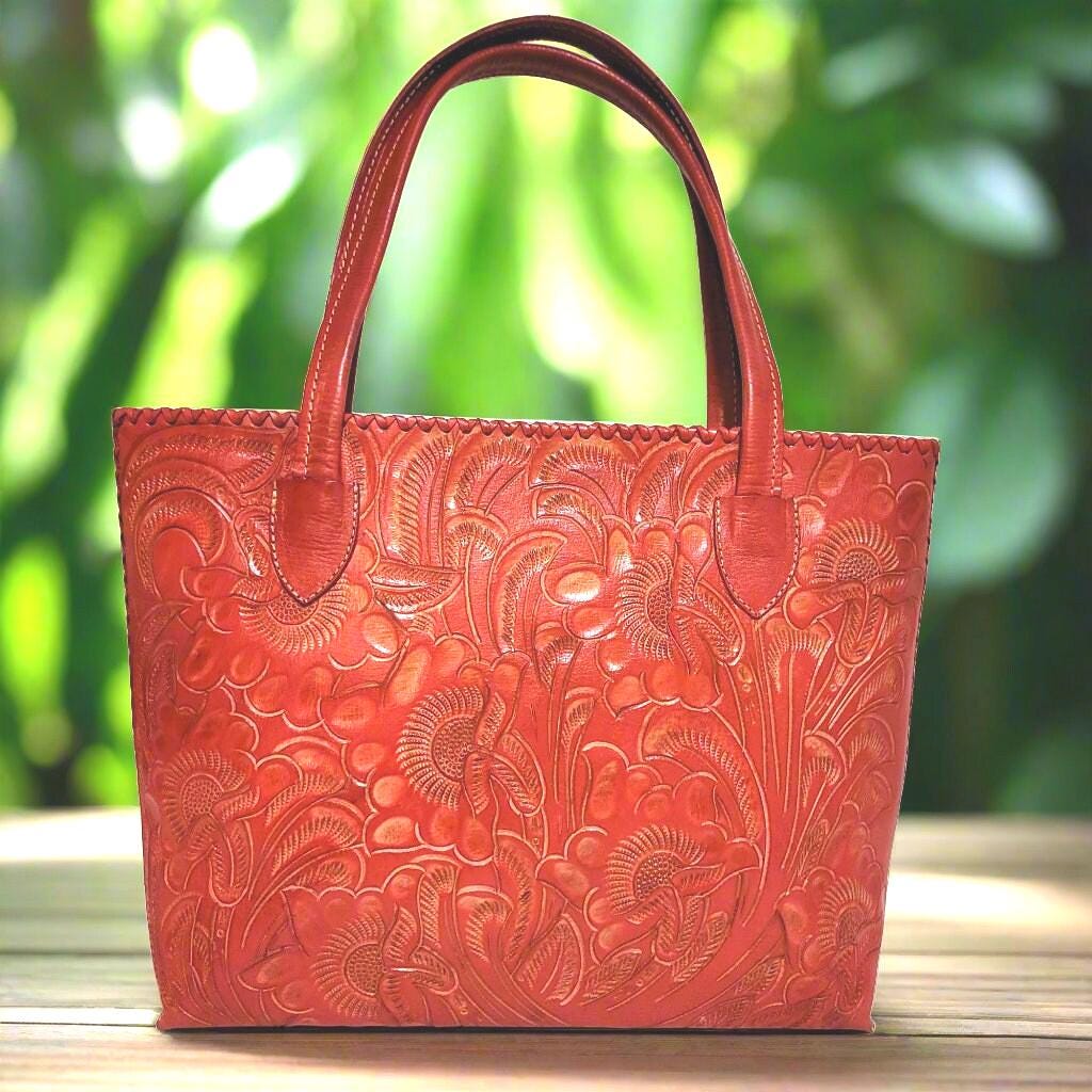 Red Shoulder Bag for Women, Hand tooled leather Bohemian Tote Floral Embossed