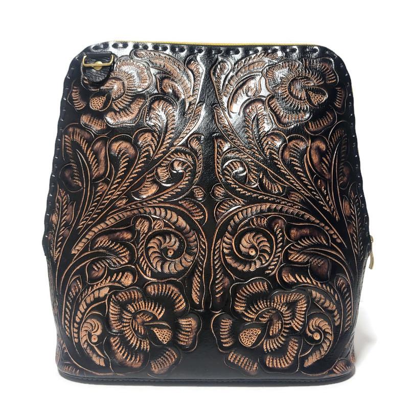 Hand tooled Leather Convertible Bag Backpack Purse: Rustic Tooled Bag
