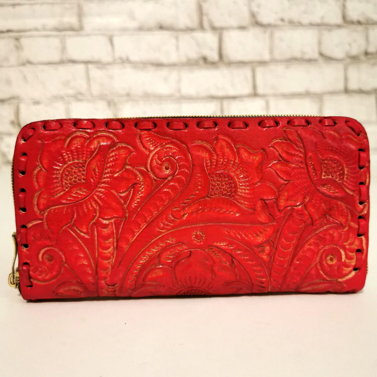Hand-Tooled Cowhide Leather Wallet Women's Large Capacity Rodeo Style