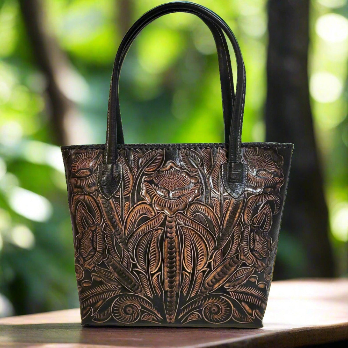 Black Tote for Women, Western Rodeo Cowgirl Bohemian Shoulder Bag, hand tooled leather