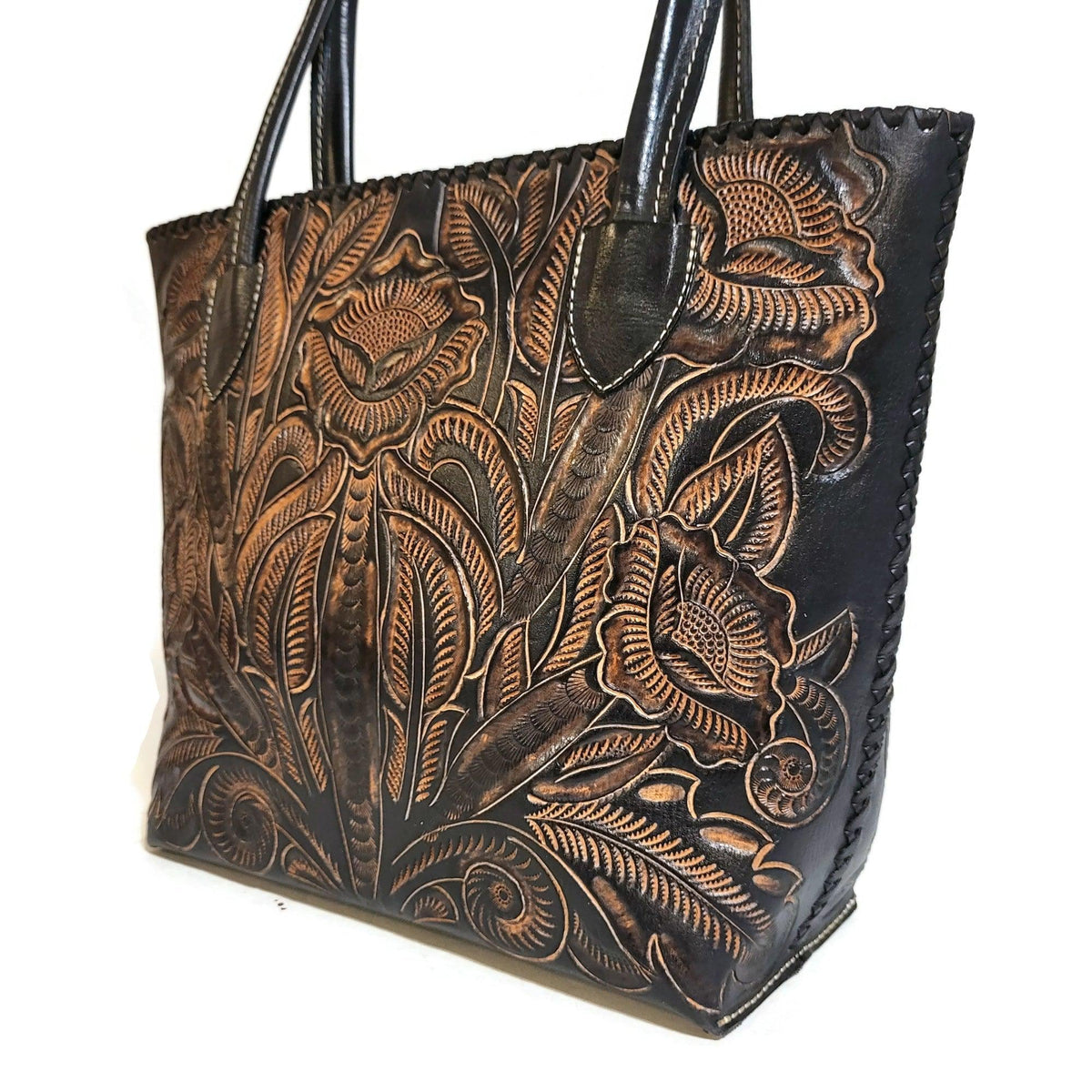 Black Tote for Women, Western Rodeo Cowgirl Bohemian Shoulder Bag, hand tooled leather