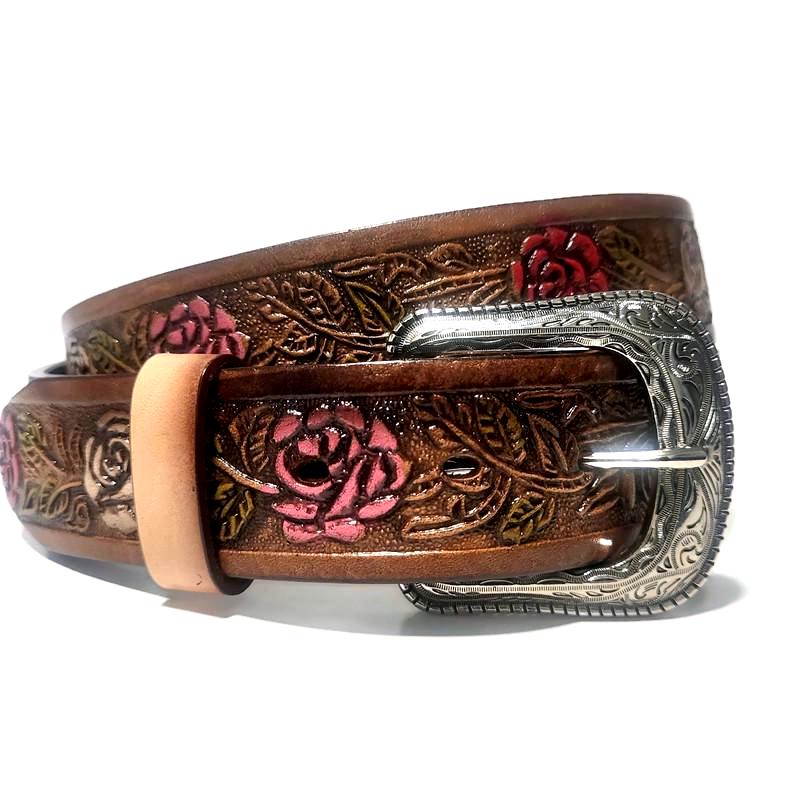 Brown Leather Belt for Women Embossed Roses, Western Bohol Style, Personalized