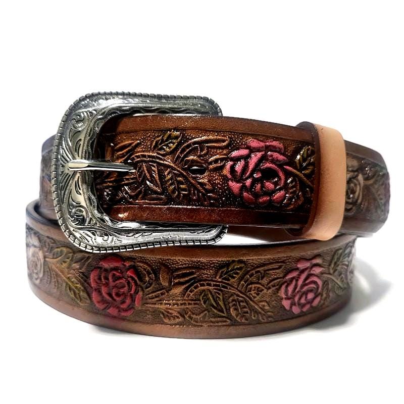 Brown Leather Belt for Women Embossed Roses, Western Bohol Style, Personalized
