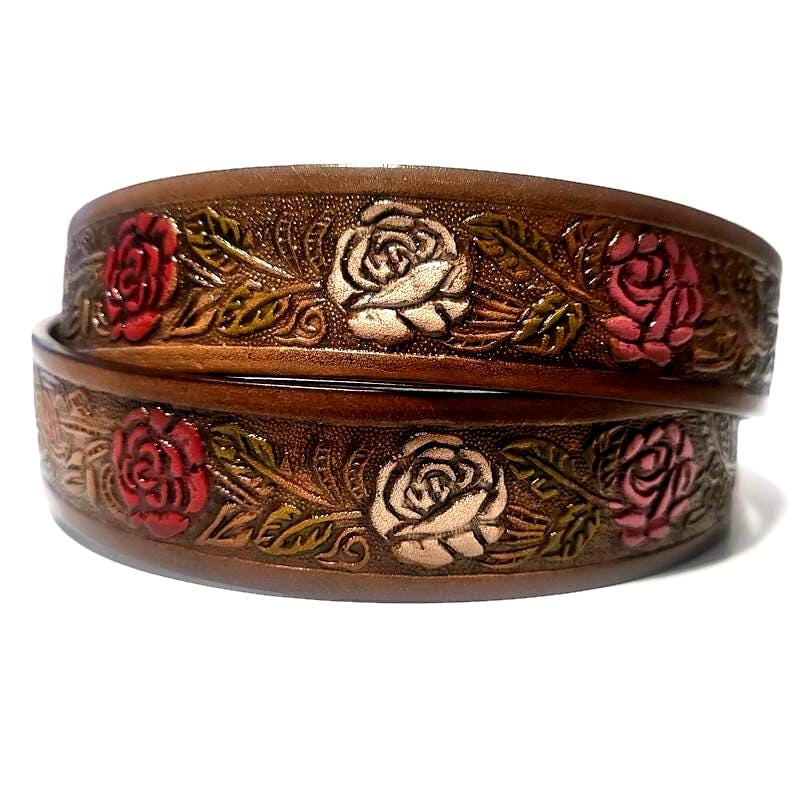 Brown Leather Belt for Women Embossed Roses, Western Bohol Style, Personalized