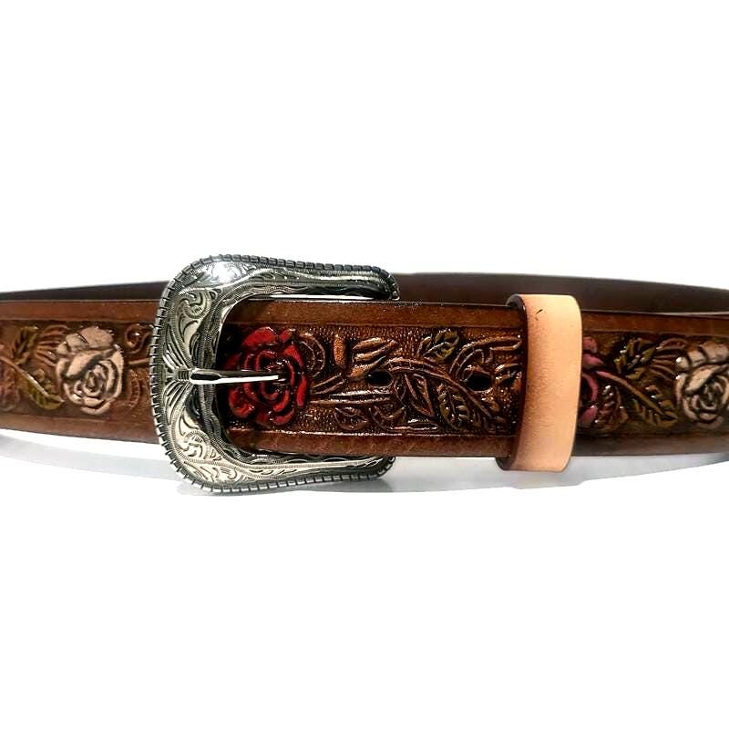 Brown Leather Belt for Women Embossed Roses, Western Bohol Style, Personalized