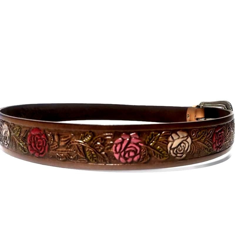 Brown Leather Belt for Women Embossed Roses, Western Bohol Style, Personalized
