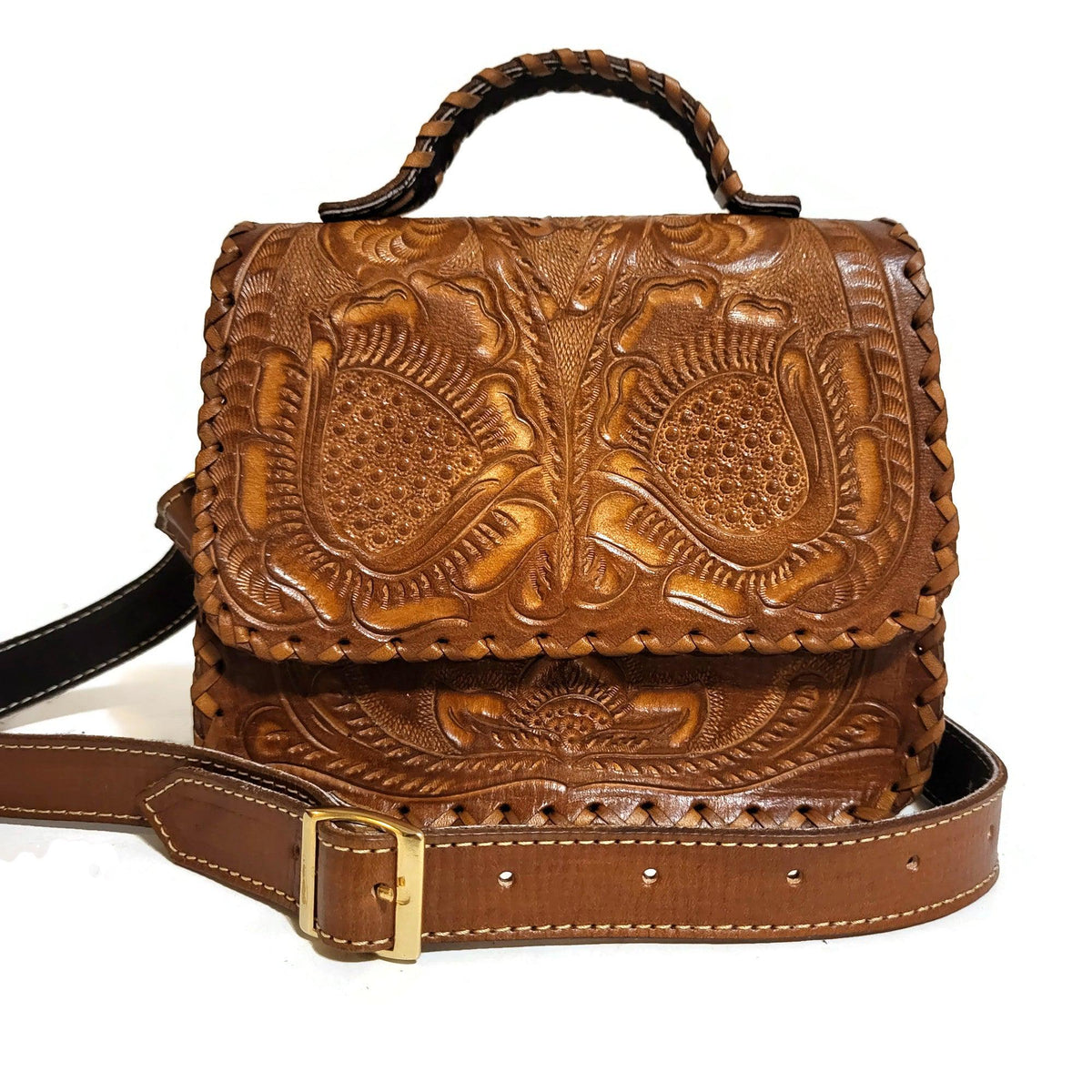 Hand Tooled Brown Leather Shoulder Bag: Western Cowgirl Style, Small Purse