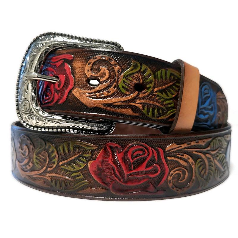Personalized Brown Leather Belt For Women Roses Embossed, Boho Bohemian