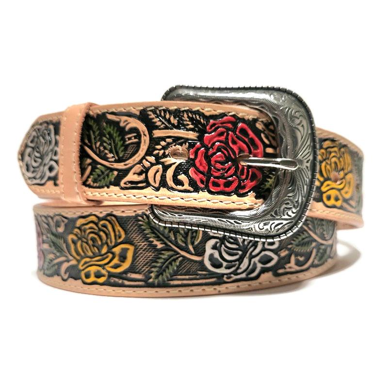 Personalized Embossed Brown Leather Belt for Women Floral Boho Rodeo Style