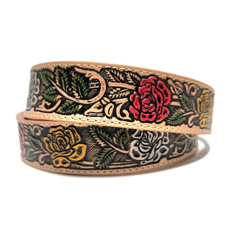 Personalized Embossed Brown Leather Belt for Women Floral Boho Rodeo Style