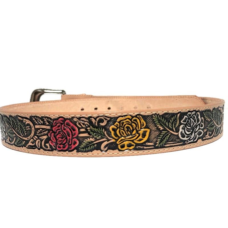 Personalized Embossed Brown Leather Belt for Women Floral Boho Rodeo Style