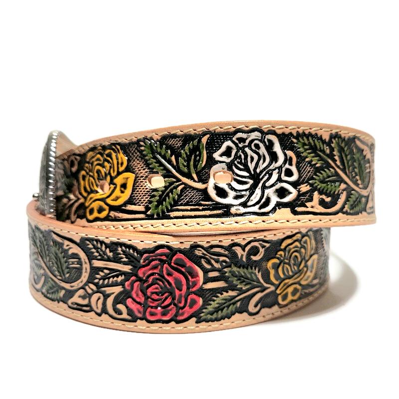 Personalized Embossed Brown Leather Belt for Women Floral Boho Rodeo Style