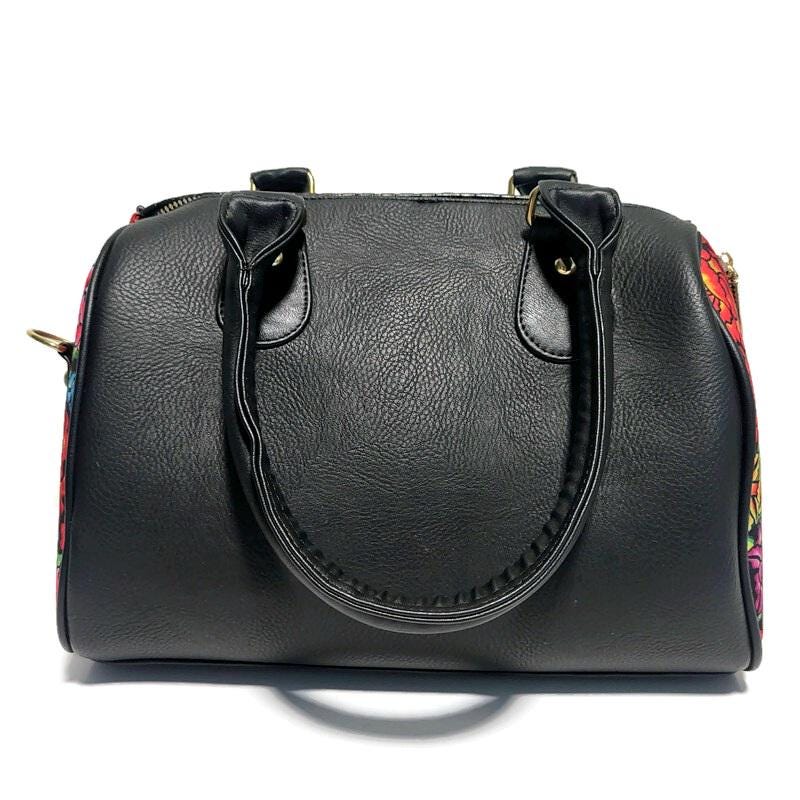 Embossed Floral Shoulder Bag: Black PU Leather Bohemian Handbag