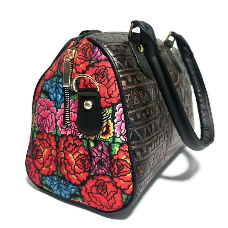 Embossed Floral Shoulder Bag: Black PU Leather Bohemian Handbag