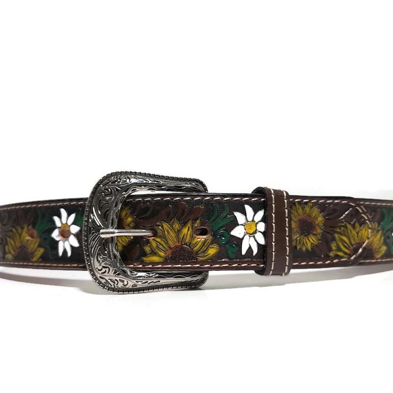 Brown Sunflower Embossed Leather Belt for Women  Western Boho Bohemian Style