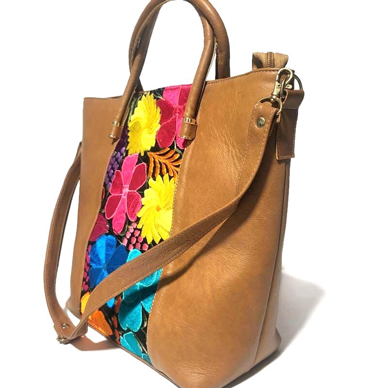 Handmade Leather Tote Bag: Bohemian Floral Embroidered Shoulder Bag