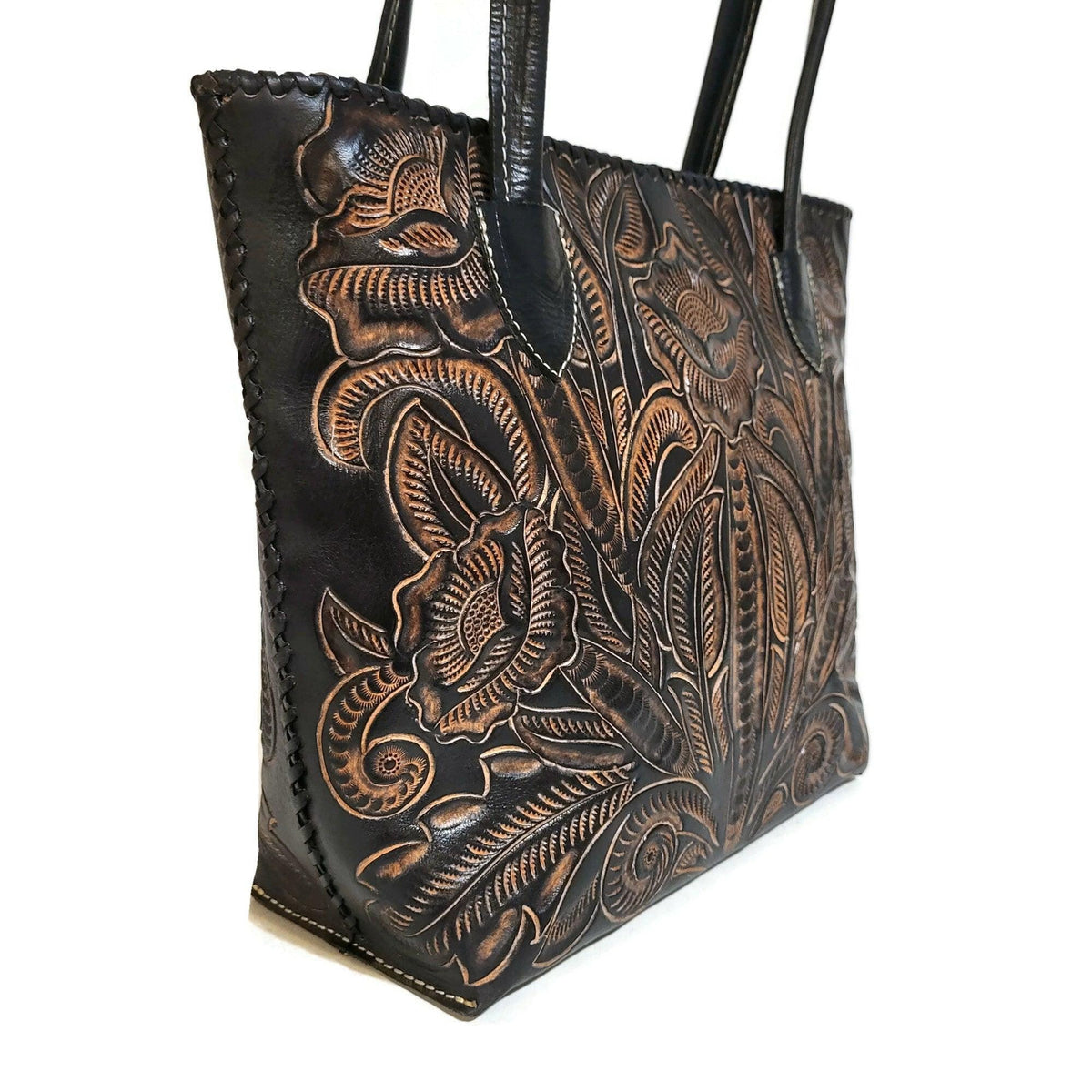 Black Tote for Women, Western Rodeo Cowgirl Bohemian Shoulder Bag, hand tooled leather